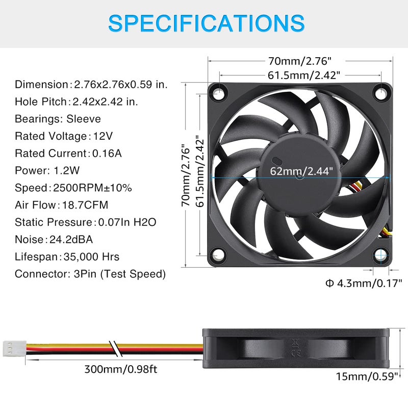 GDSTIME 70mm x 70mm x 15mm 12V 3PIN DC Brushless CPU Cooler Fan - Image 4